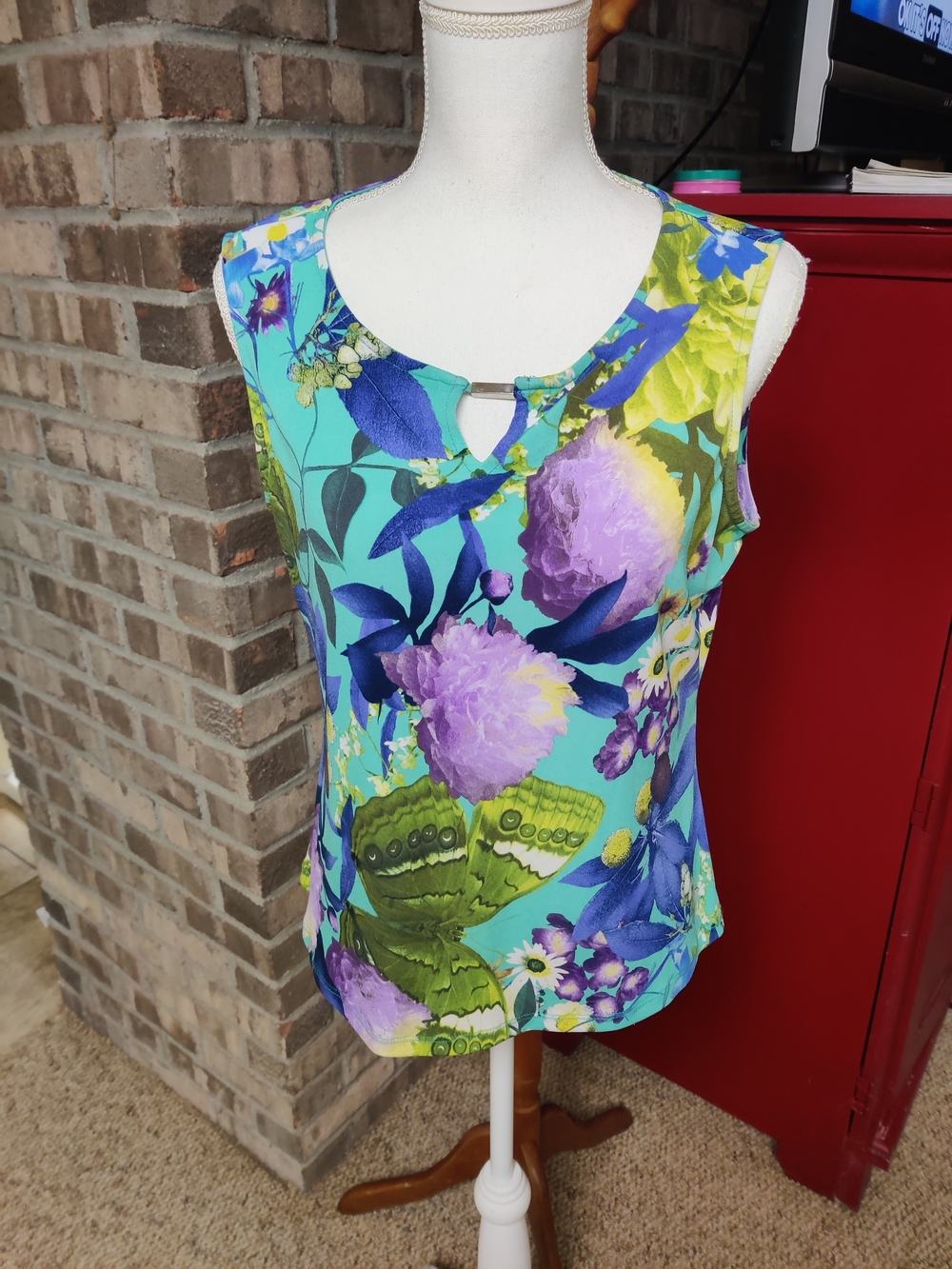 Floral Print Sleeveless Shell in Turquoise and Purple, Large,
